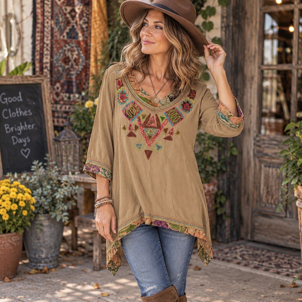 Sacred Threads Tunic Top Embroidered Boho Artsy Sharkbite Hem Women's Large